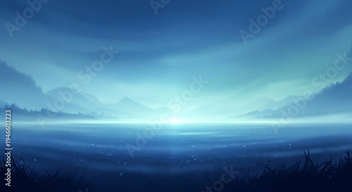 Misty Blue Horizon Over Calm Water at Dawn