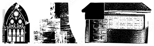 Gothic stained glass, medieval tower, rustic brick cottage, halftone vector, architectural elements, black & white graphic, stylized