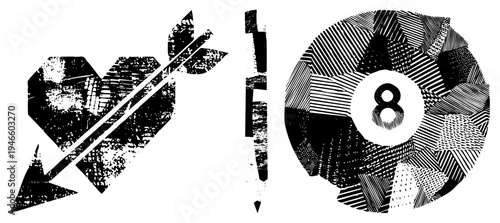 Romantic heart pierced by arrow, pool cue and eight ball, halftone vector art, graphic design elements, black and white stylized.