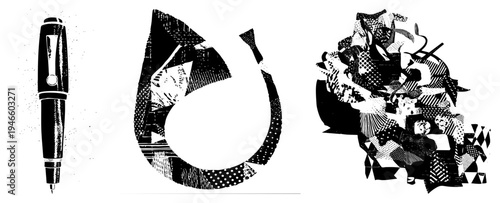 Vector illustration trio elegant fountain pen, halftone ink droplet, chaotic geometric collage., graphic design elements, artistic abstraction, printmaking texture.