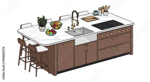 Stylish modern kitchen island illustration with seating, sink, induction hob, fruit, and plant for home decor concepts