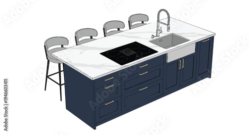 Modern kitchen island design with navy blue cabinetry white marble countertop integrated induction hob farmhouse sink three gray bar stools elegant