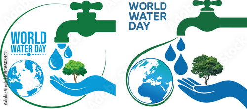 World Water Day Vector Concept set with Faucet Drops Globe Hand and Tree for Environmental Conservation