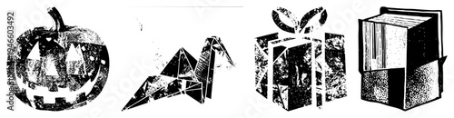 Halloween jack o’ lantern, paper crane, wrapped present, stacked book, halftone texture, isolated vector, flat design, black and white.