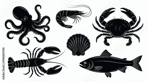 Marine Animal Silhouette Set Octopus Crab Lobster Shrimp Fish Scallop Shell