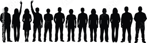 diverse crowd silhouettes standing people group isolated black shadow figures human lineup community team audience anonymous society together population diversity