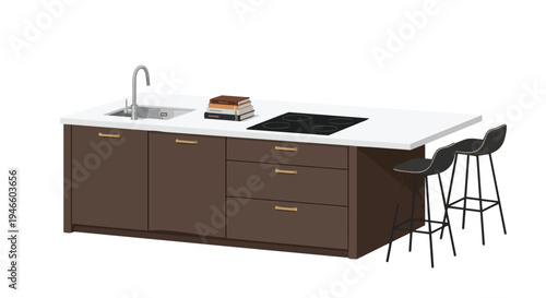 Contemporary kitchen island with white countertop, integrated sink, and modern induction cooktop, featuring rich brown cabinets, elegant gold