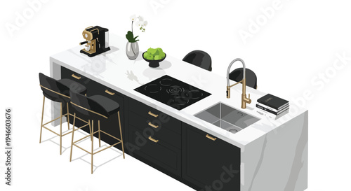 A modern luxury black and white kitchen island with elegant gold accents, contemporary appliances, and comfortable bar stools for sophisticated