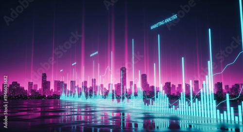Futuristic Cityscape with Neon Lights and Data Visualizations