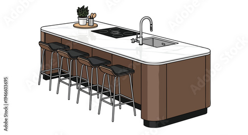 Modern kitchen island with pristine white countertop, integrated sink, cooktop, and four stylish bar stools for contemporary living spaces and