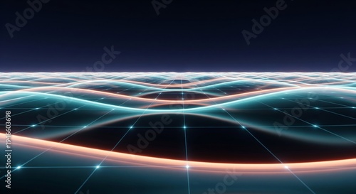 Abstract digital landscape of glowing blue and orange waves with grid