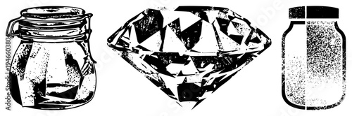 Three stylized objects glass jar with lid, faceted diamond, salt shaker rendered in halftone vector,, graphic design elements.