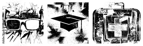 Retro halftone graphic of eyewear, academic cap, and medical kit, vector, isolated symbols, stylized educational and health themes.