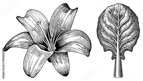 Vintage style botanical drawing of lily bloom and leaf, hand drawn ink sketch, scientific illustration, plant anatomy, art.