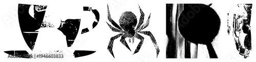 Broken ceramic teacup, halftone spider silhouette, black circular void, distressed film strip frame isolated vector graphics with gritty texture and fragmented design.