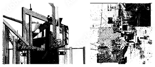 Geometric industrial framework rendered in halftone, abstract architectural, mechanical scaffolding, technical blueprint style, vector graphic design.