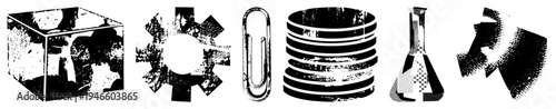 Vector with distressed textures, including cube, gear, paperclip, stack, flask, and silhouette, rendered in halftone and flat style.