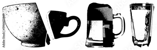 Vector halftone cups and mugs, including a textured bowl, coffee mug, beer stein, and tall glass with ice isolated graphic elements,, retro print aesthetic.