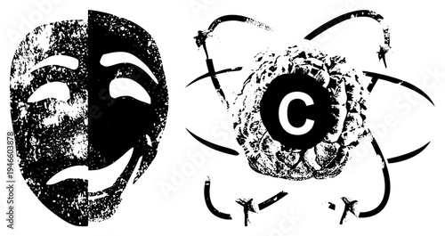 Dramatic stage mask split in half, atom with central "C" symbol,, artistic graphic, black and white, stencil style, symbolic representation.