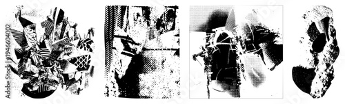 Fragmented abstract shapes with halftone textures, stylized geometric forms, graphic art elements, vector design motifs, black and white composition.