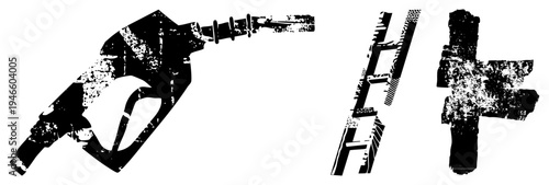 Distressed black vector gas nozzle, ladder, symbol, gritty texture, urban stencil, industrial design, isolated graphic elements.