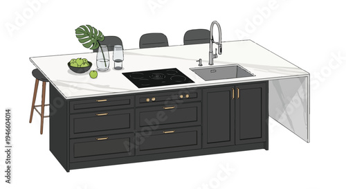 Sleek contemporary kitchen island design featuring dark cabinetry, integrated cooktop, and a stylish white marble-effect countertop.