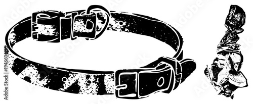 Vintage dog collar with distressed leather texture, metal hardware, adjustable buckle, pet accessory, pet gear, equipment.