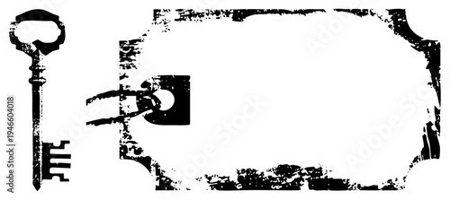 Ornate skeleton key turning old fashioned lock, distressed graphic, vintage security device, antique hardware, black and white vector.