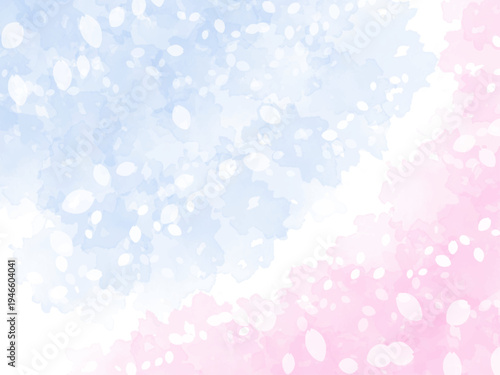 春の桜イメージの水彩風テクスチャー背景素材。満開の桜並木や桜吹雪と青空のイメージ。キラキラした光の粒子。