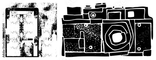 Retro camera with film grain texture, tablet device with grunge overlay, analog digital hybrid, illustration, tech nostalgia design.