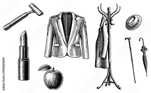 Classic women’s fashion items including blazer, hat, umbrella, cane, lipstick,, and razor, rendered in halftone engraving style.