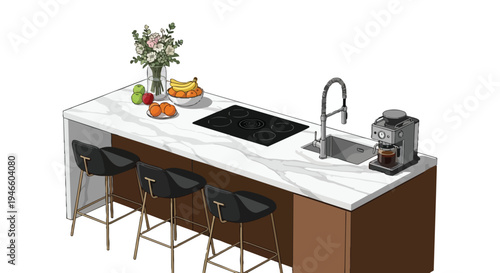 Modern kitchen island. White marble counter. Integrated hob, sink. Coffee machine. Three bar stools. Fresh fruit, flowers. Elegant, functional,