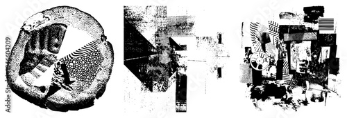 Fragmented shapes in black and white halftone, stylized vector art, graphic design elements, modern abstract composition, digital illustration, geometric abstraction, textured.