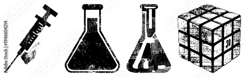 Medical syringe, Erlenmeyer flasks, lab glassware with distressed texture, scientific tools, vector illustration, research equipment, medical and chemistry symbols.