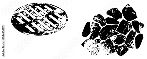 Urban drain grate with distressed texture, pile of irregular charcoal pieces, gritty black and white vector art, street debris, industrial waste.