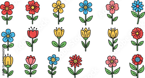 Colorful cartoon flowers on green stems with leaves floral plants