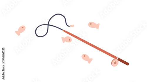 Fishing toy, kindergarten kids game. Wooden rod for catching wood fishes. Magnetic stick for preschool nursery children play. Flat vector illustration isolated on white background