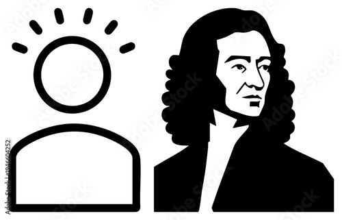 Historical scientist bust illustration, Newton portrait, sun, user profile, flat vector design, educational, scientific, academic symbol.