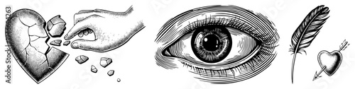 Broken heart shattered by hand, stylized eye with detailed iris, feather piercing heart, classic tattoo motifs, black and white halftone vector art.