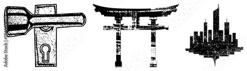 Antique door latch, traditional Japanese shrine gate, urban, vector, black ink, textured grain, symbolic architecture.