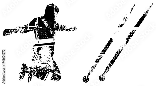 Black and white vector graphic of a samurai in dynamic pose wielding two katana swords, halftone texture, isolated foreground, combat ready stance, traditional Japanese warrior.