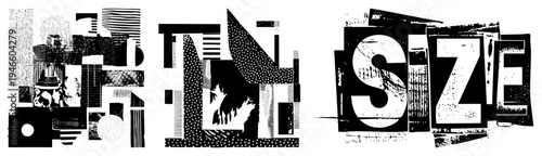Abstract typographic art with words PRINT, TYPE, SIZE, fragmented shapes, halftone, black and white. For creative layouts and print.