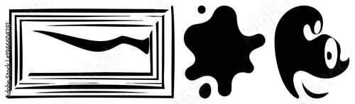 Stylized ink blot, ghost mascot, framed brushstroke graphic, vector art set, minimalist design, cartoon character, artistic shapes, isolated symbols.