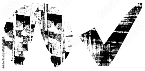 Abstract black and white glitched checkmark and circle symbols, digital distortion, pixelated texture, vector glyph, tech aesthetic, corrupted data art.