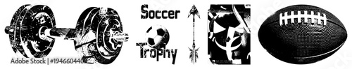 Sports award trophy featuring soccer ball, arrow, and football, halftone texture, graphic, athletic achievement symbol.