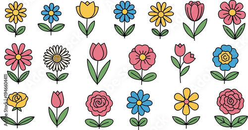Colorful cartoon flowers and tulips on white background pink