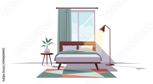 Modern bedroom interior with comfortable bed, fresh linens, bright window, curtains, floor lamp, side table, green plant, and geometric rug for a