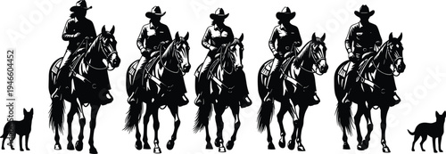 Silhouettes of cowboys and cowgirls riding horses with ranch dogs in a row for western lifestyle and equestrian vector illustration.