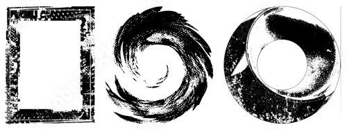 Three abstract vector forms distressed rectangular frame, dynamic spiral swirl, and circular ring with inner void. Grunge texture,, artistic graphic elements.