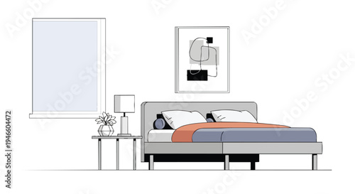 A modern minimalist bedroom interior showcasing a comfortable bed with contemporary bedding a stylish nightstand with a lamp and abstract artwork
